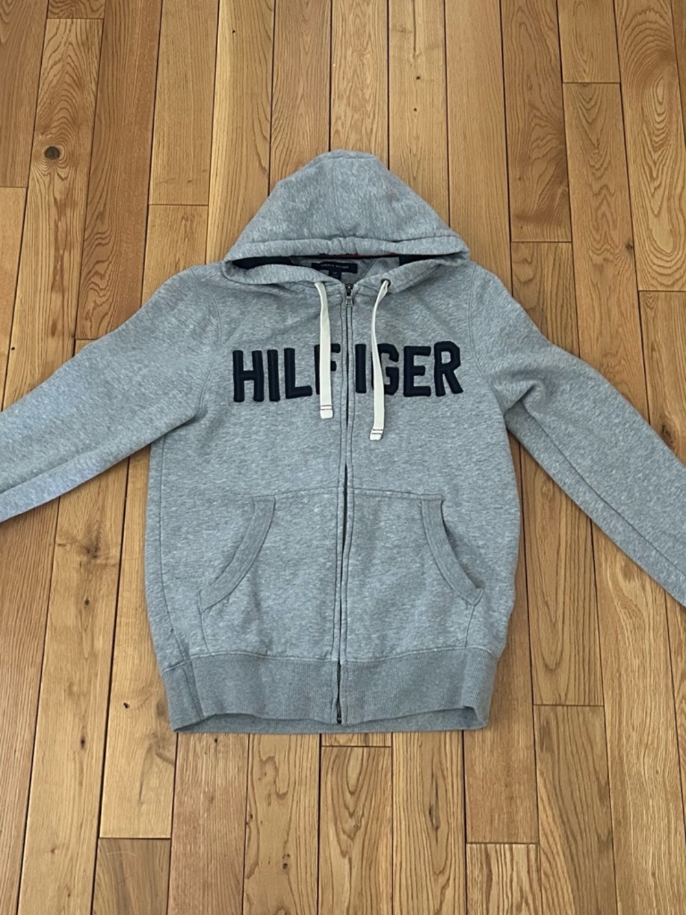 Tommy Hilfiger Light Gray Zip Hoodie with Subtle Red & Navy Trim